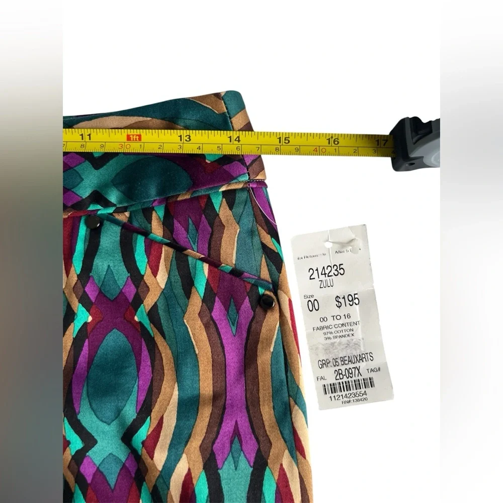 Etcetera NWT Zulu Geometric Teal Sateen Pencil Skirt Low Rise Pockets Sz 00(XXS)
